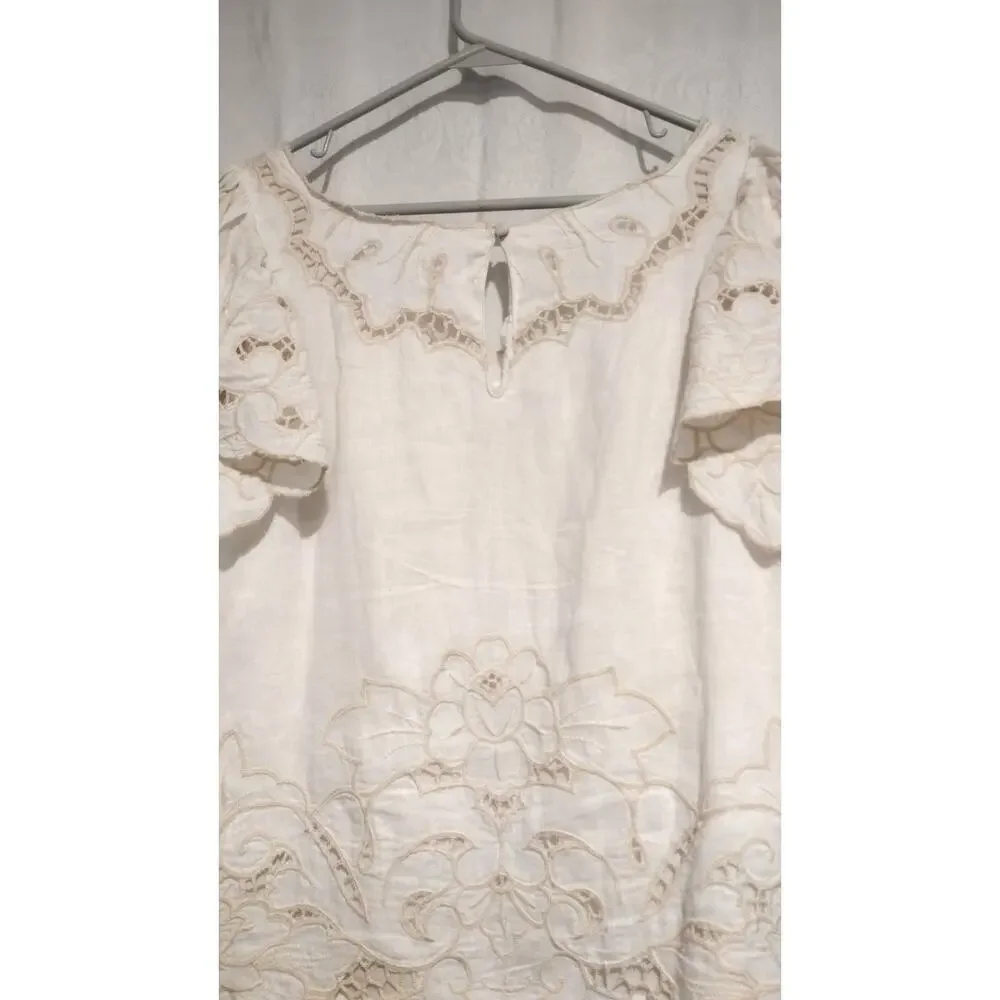Anthropologie XL Lainie Embroidered Lace Cutwork Blouse Cream Boho Chic Coastal - Picture 5 of 10